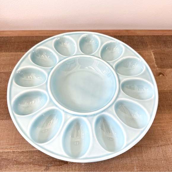 Vintage Deviled Egg Light Blue Ceramic Plate Platter Serving Dish 11” Portugal - Picture 5 of 9